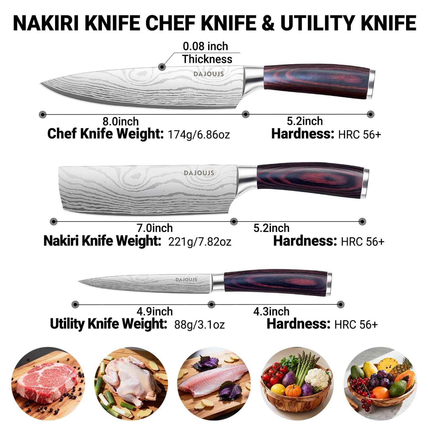 3-Piece Kitchen Chef Knife Set - 8" Chef Knife & 7" Nakiri Knife & 5" Utility Knife, Professional High-Carbon Stainless Steel Ultra Sharp Knives with Ergonomic Wood Handle & Gift Box for Cooking
