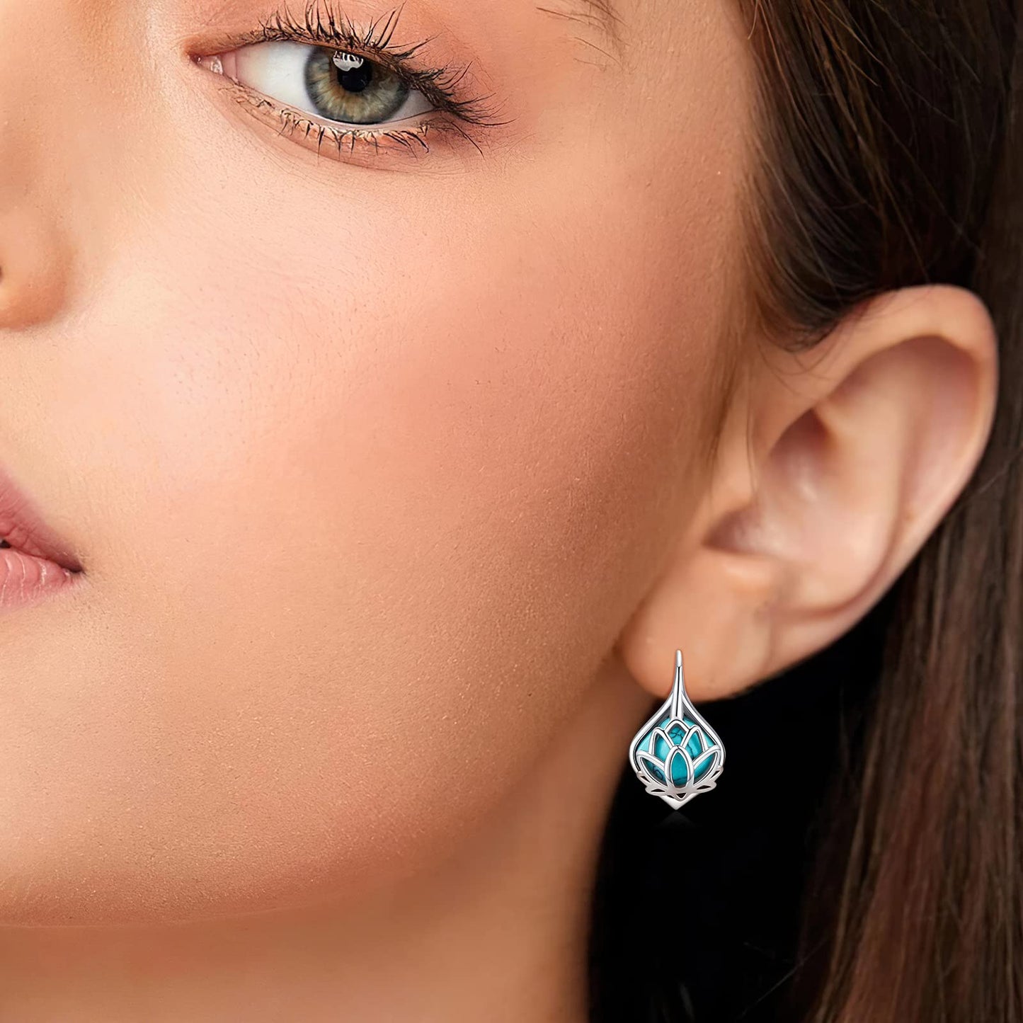 BDL Lotus Genuine Turquoise Leverback Earrings Sterling Silver Dangle Drop Jewelry for Women