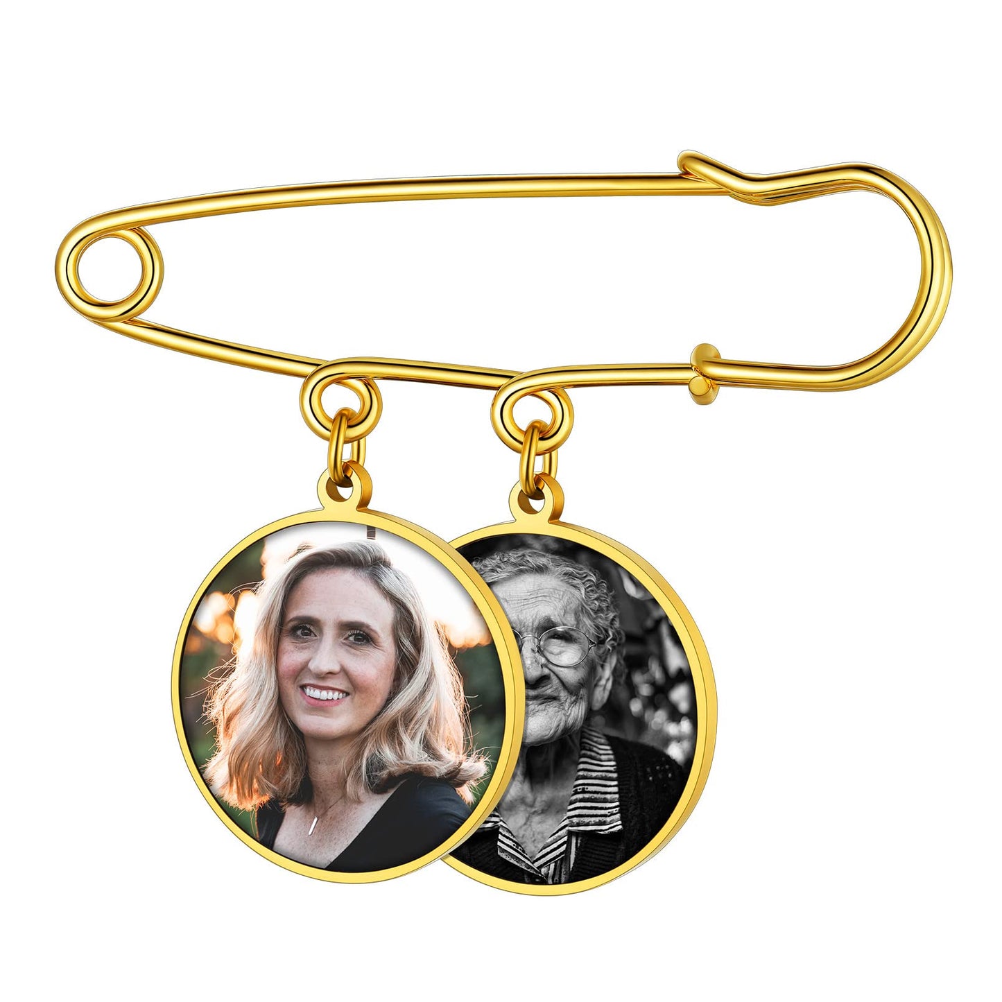 Custom4U Memorial Charm for Wedding Bouquet Round Shaped Memory Charms Brooch Pins Funeral Boutonniere with 2 Pictures Engraved