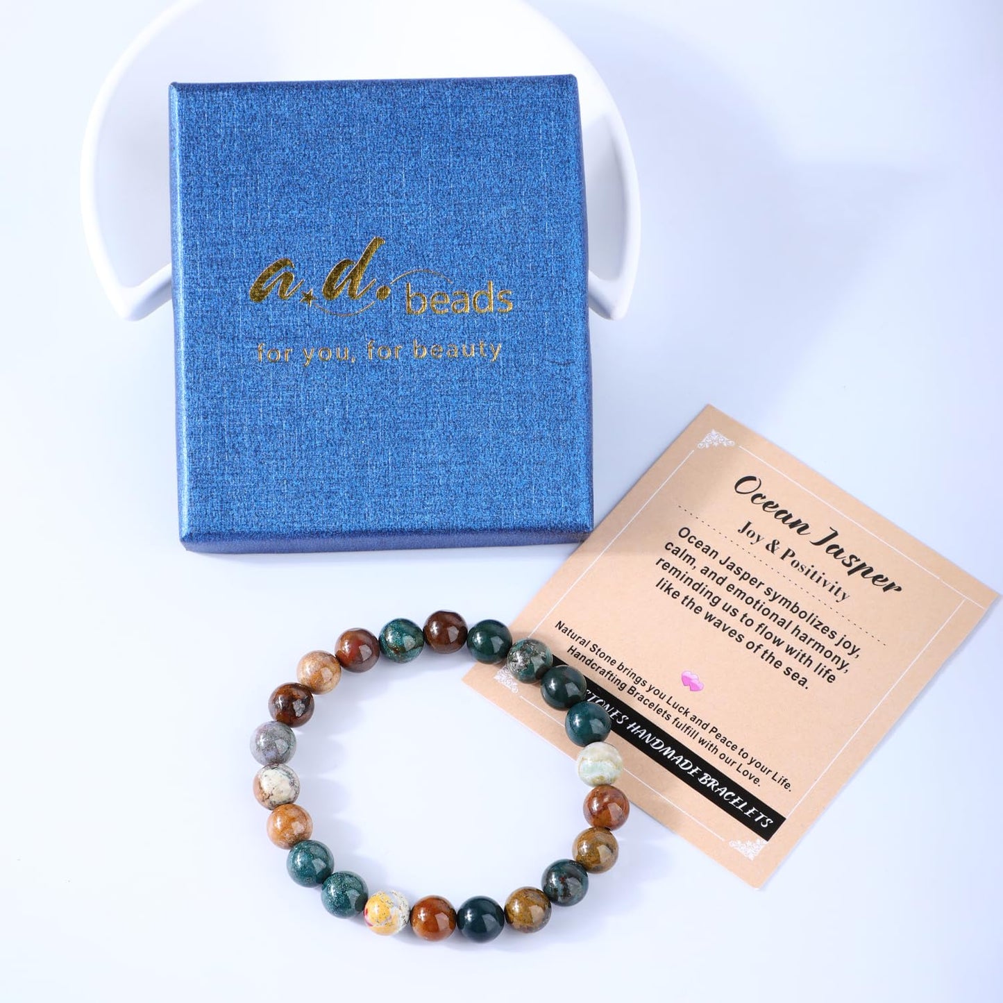 AD Beads 6mm Handmade Ocean Jasper Elastic Bracelet – Natural Gemstone for Joy & Positivity – Meditation, Yoga, Healing and Energy Gift for Men Women