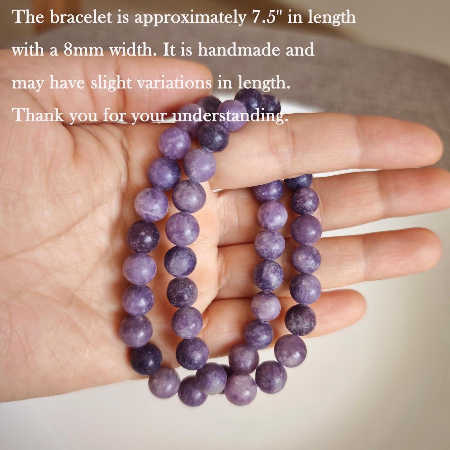 Handmade Natural Gemstone Elastic Bracelet - Healing Crystal Beads Jewelry, Unisex (Purple Lepidolite, 8mm)