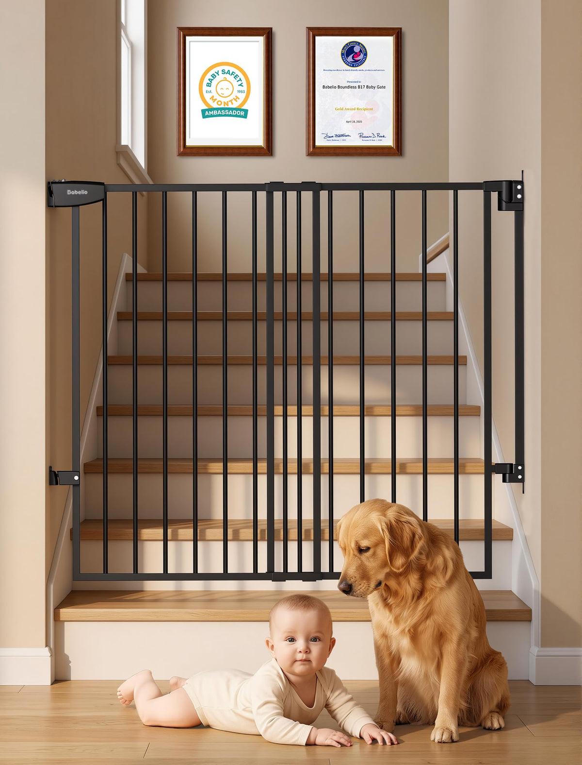 Babelio Extra Wide No Bottom Bar Baby/Dog Gate, 28" H, 29.7-46.5" W, Black