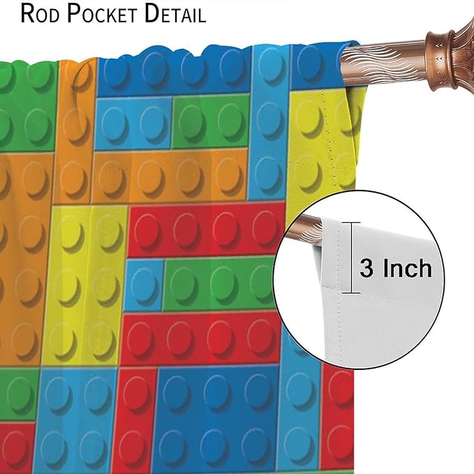 Colorful Building Block Toy Printed Curtains, Building Blocks, Curtains, Fun Brick 3D Design, Kids, Teens, Girls, Boys, Living Room, Bedroom, Window Treatment Panels, 2 Panels 55x63in