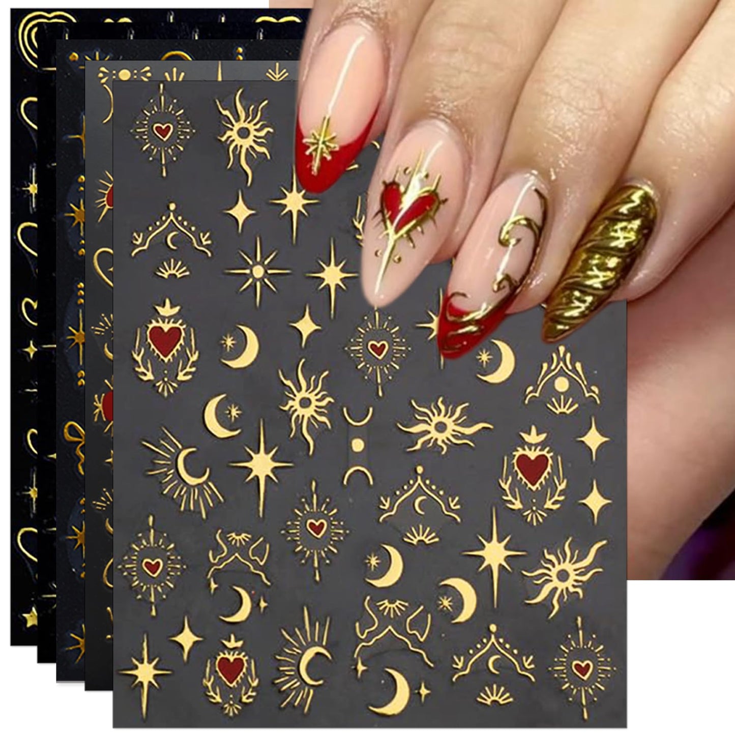 IDDFEVE Gold Heart Nail Art Stickers - Valentines Day Star Self-Adhesive 3D Nail Decals for DIY Golden Manicure (6 Sheets)