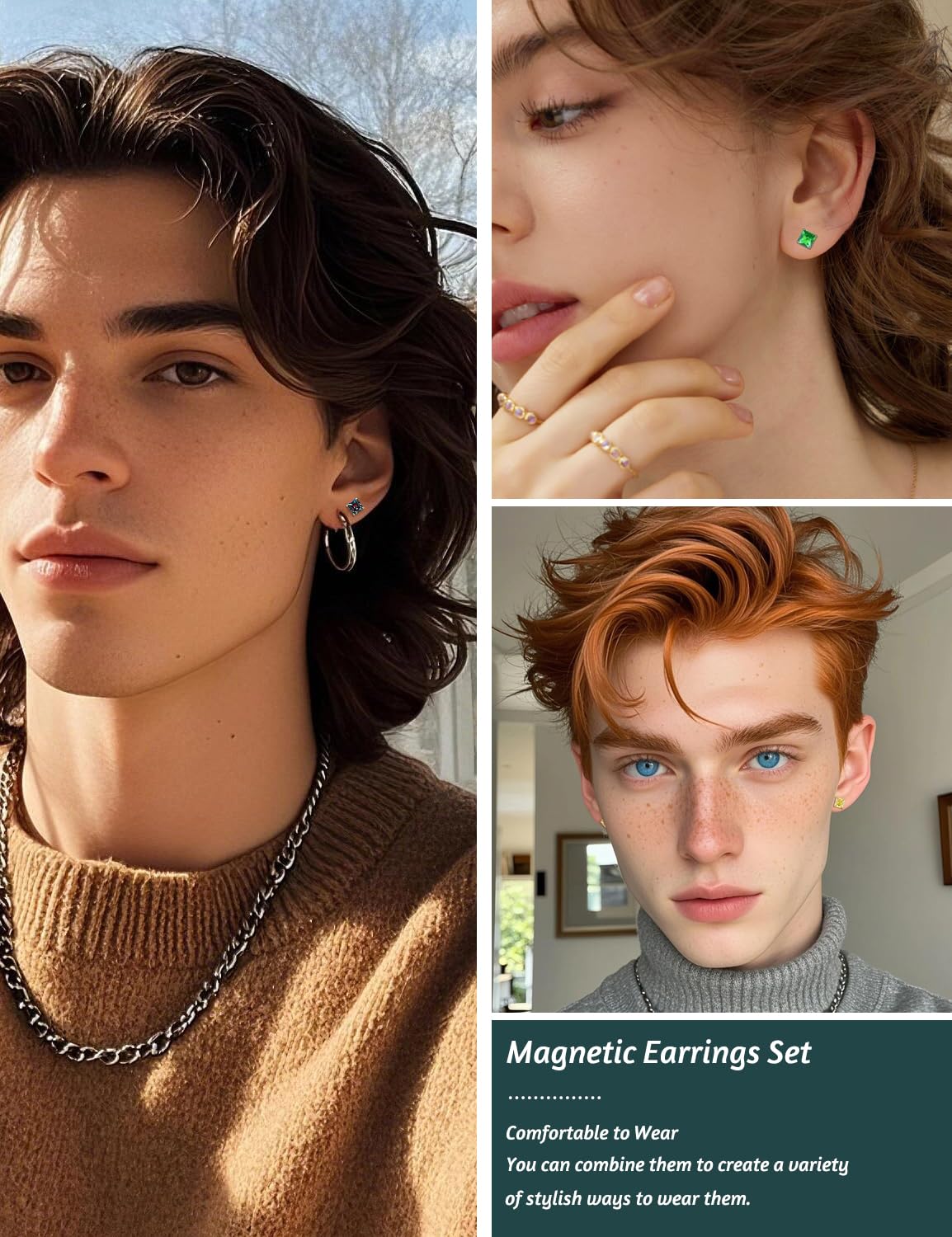 SIISPRI 4 Pairs Stainless Steel Magnetic Stud Earrings for Men Women Hypoallergenic Inlaid Cubic Zirconia Unisex Non-Piercing Clip On Stud Diamond Earrings Set