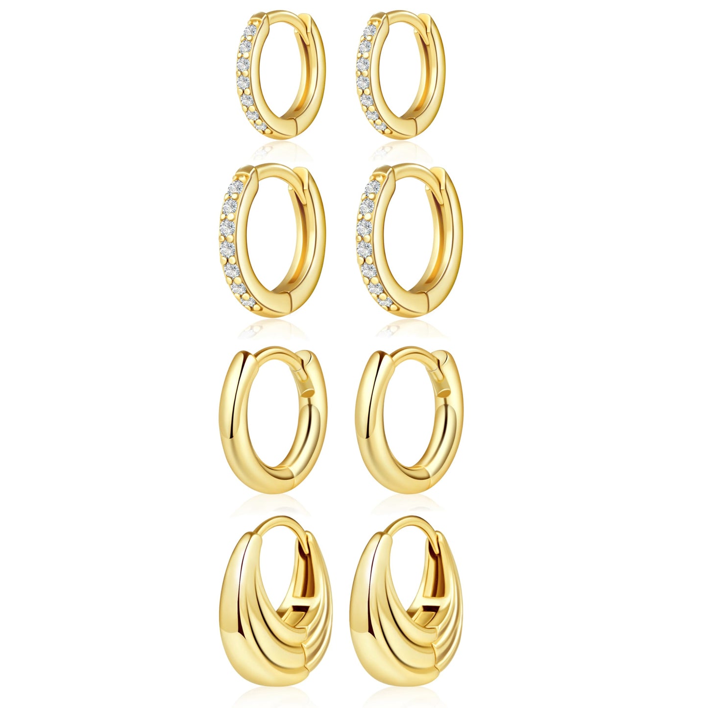 4 Pairs Small Gold Hoop Earrings Set for Women, Trendy Dangle Huggie Earrings for Multiple Piercing, Cartilage Conch Cute Small Hoops Jewelry Stacks for Gifts Clip On