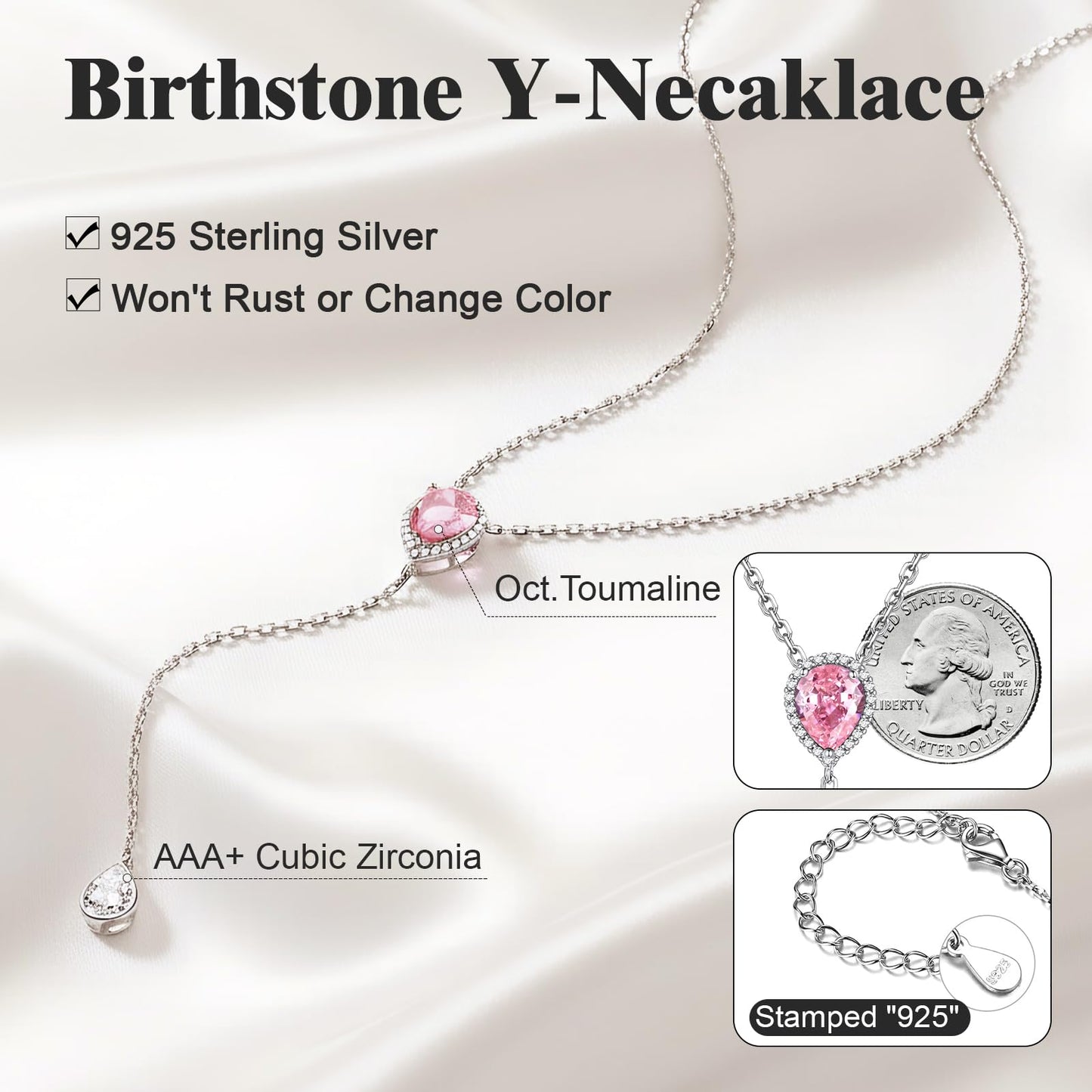 FOCALOOK 925 Sterling Silver October Birthstone Necklace for Women CZ Teardrop Long Y Pendant Necklaces
