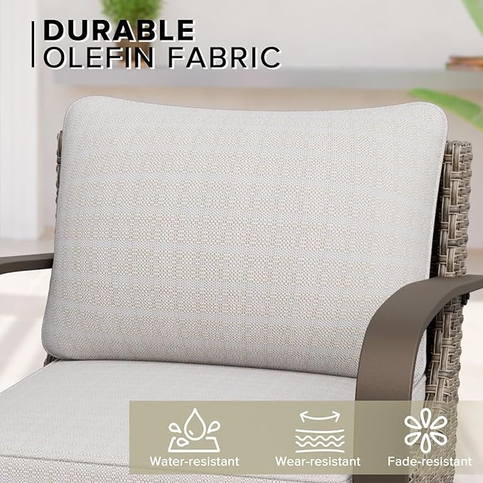 COOS BAY Aurora Terrace Half-Moon Outdoor Furniture Set, Rattan Conversation Set with Swivel Rockers, Curved 4-Seat Sofa, Coffee Table, Seats 6, Beige/Beige