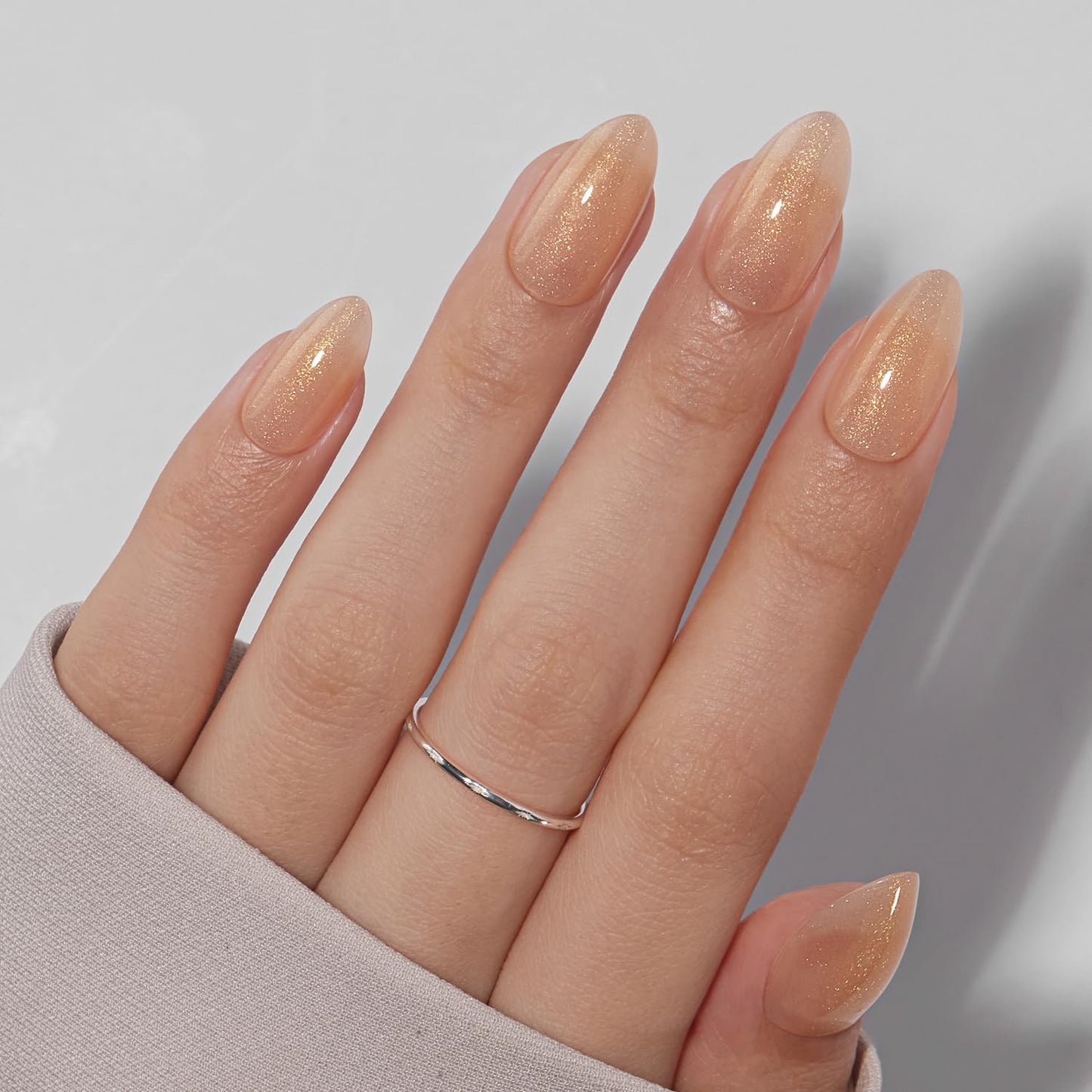 VSALON Short Almond, Gold Nude Shimmer Sparkly Press On Nails Fake Nails & UV Glue for Press On Nails