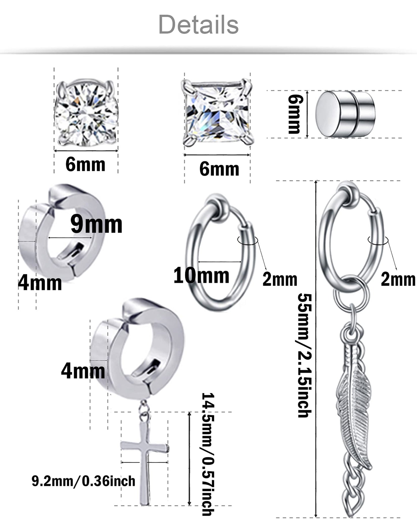 Ofeiyaa 7 Pairs Magnetic Stud Earrings Stainless Steel CZ Clip On Earring Non-Piercing Huggie Hoop Earring Chain Feather Pendant Drop Dangle Earrings Set For Women Men Black Silver Tone