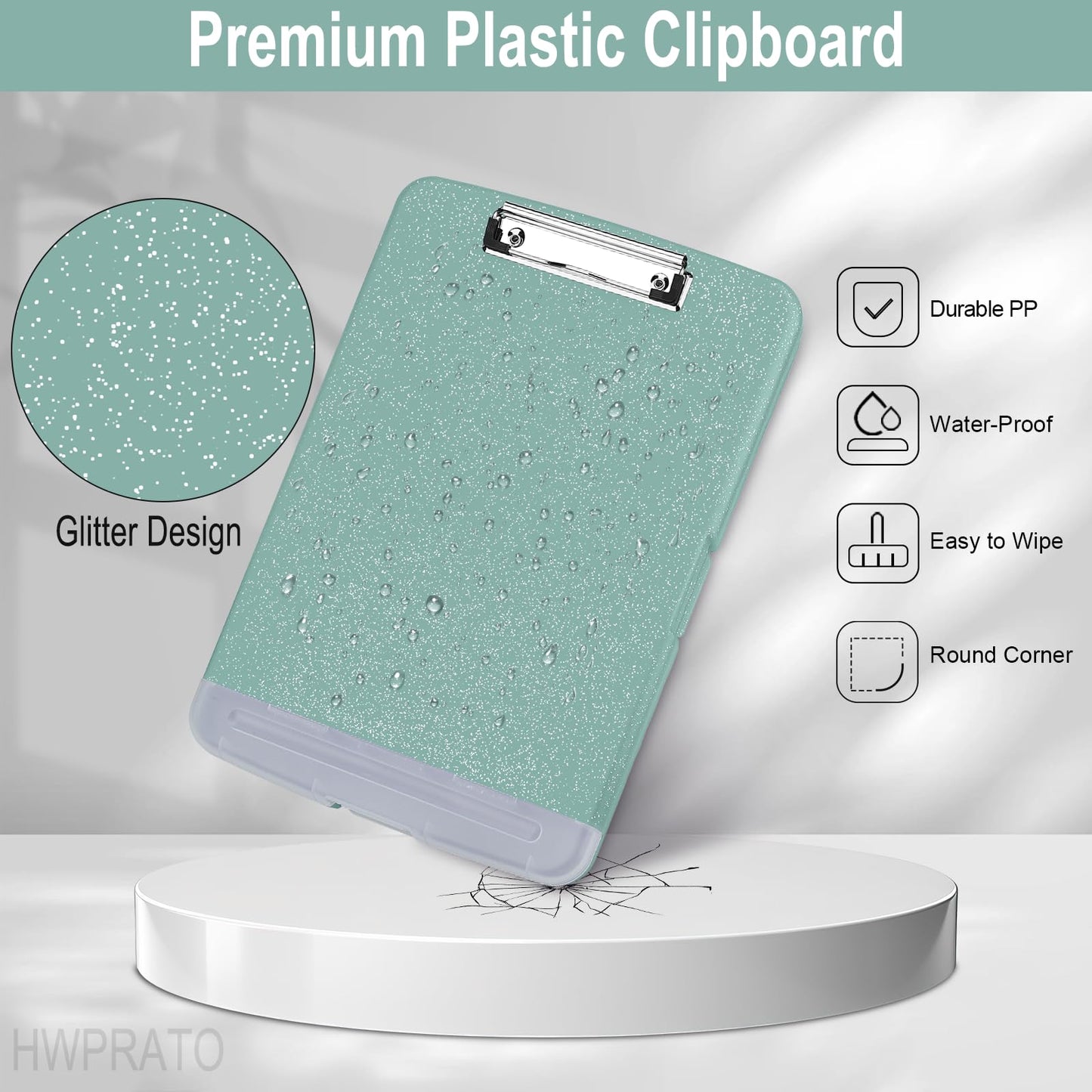 HWPRATO Glitter Clipboard with Storage, Clip Boards 8.5x11 with Pen Holder, Binder Clipboards with Low Profile Clip Heavy Duty Plastic Nursing Clipboard Folder Side Opening (Glitter Grayish Green)