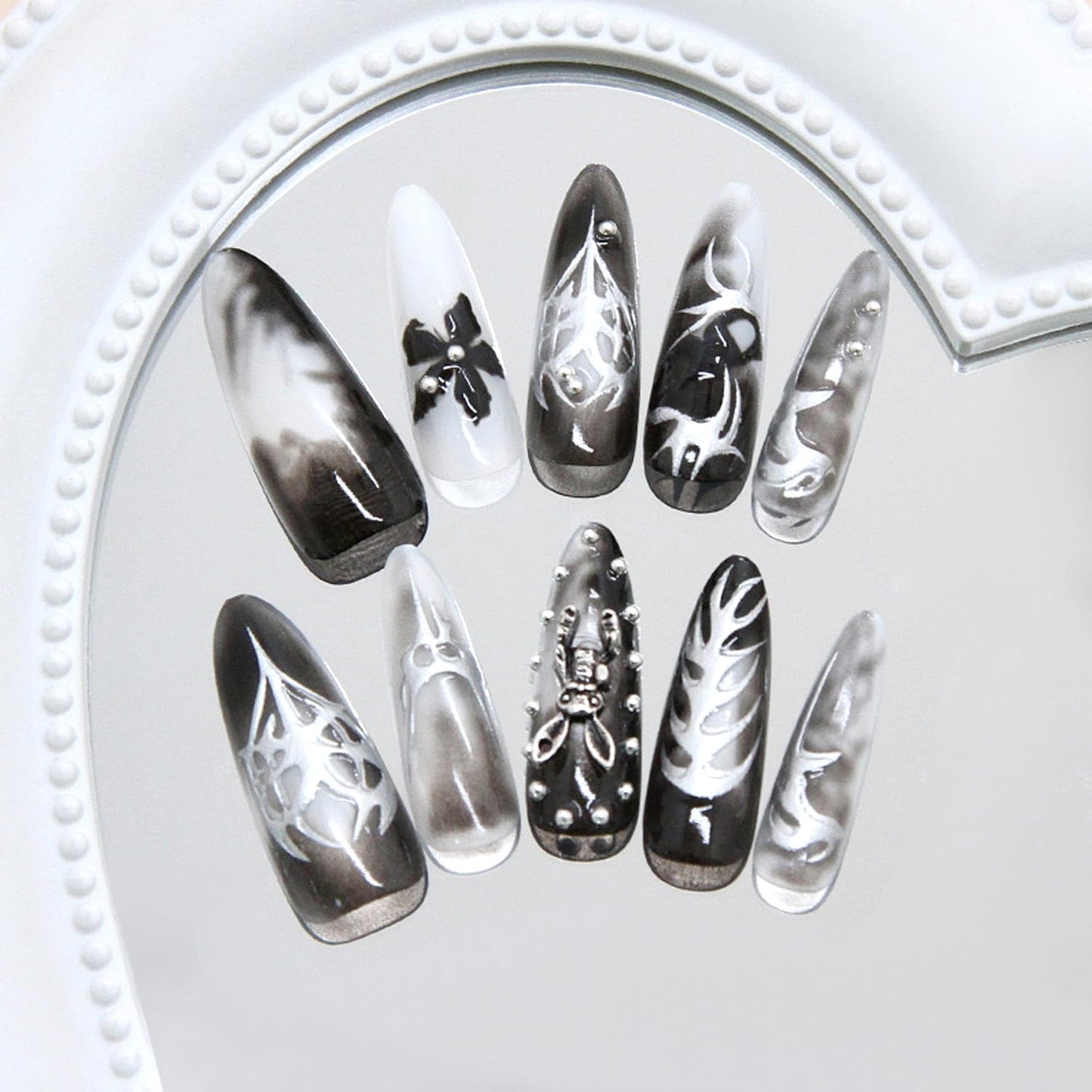 30Pcs Black Smudge Press on Nails Long Almond Fake Nails 3D Flower & Rabbit Design False Nails Chrome Silver Acrylic Nails Silver Metal Irregular Line Full Cover Y2K Star Heart Stick on Nail for Women