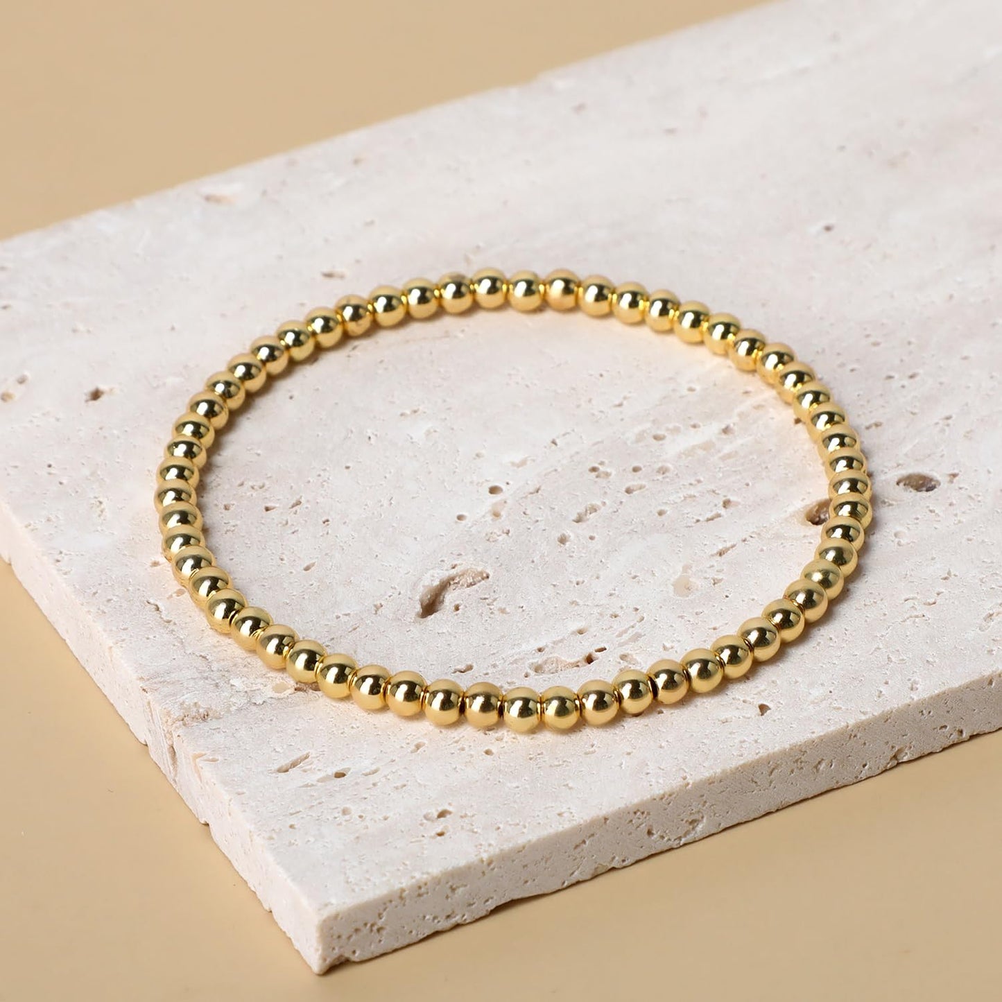 QOGIR 14K Gold Plated Beads Gemstone Stretch Elastic Dainty Handmade Beaded Bracelets for Women Gifts 4mm