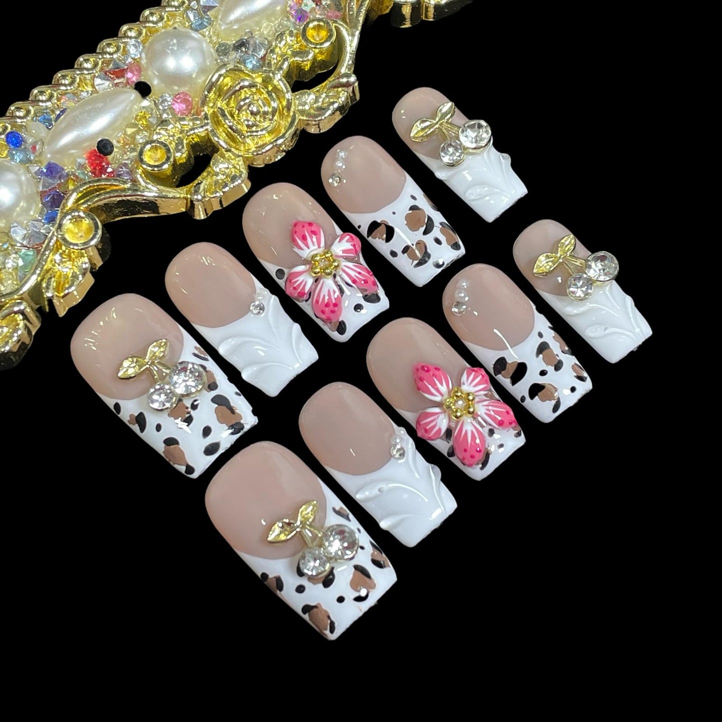 Handmade Press On Nails, 3D Velvet Floral Short/Medium Length Square White French Tips, Leopard Cherry Design, Reusable Acrylic False Nails (Velvet Jungle, S)