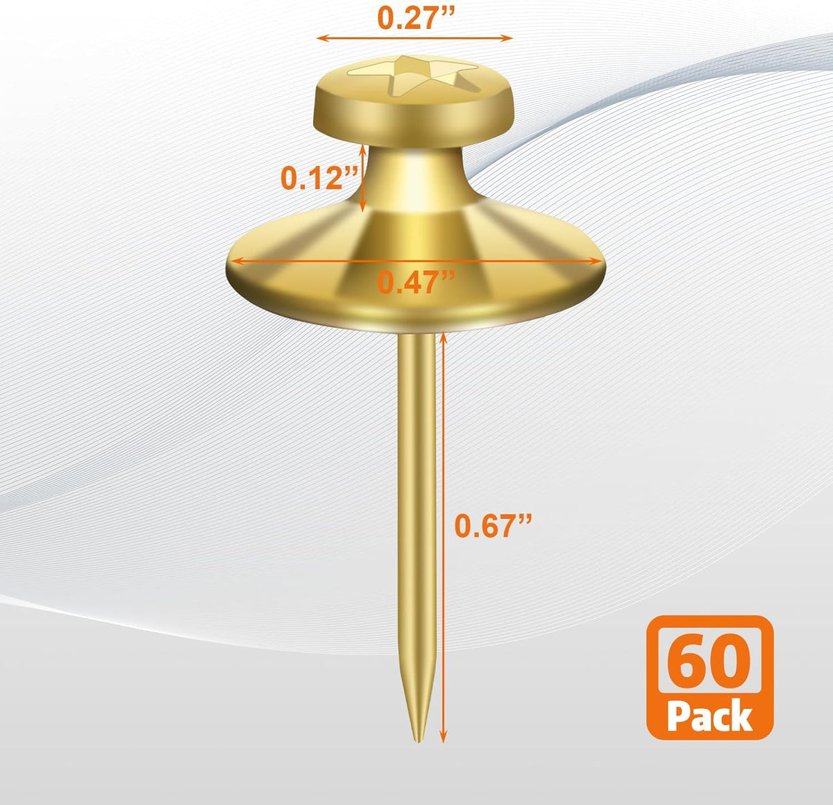 KURUI 60-Pack Metal Push Pins for Wall Hanging Decor, Renter Friendly Hooks for Bedroom Office Gallery Dorm Home, Double Headed Thumb Tacks for Tapestry/Canvas/ Picture Frame/Art, Gold Picture Hangers