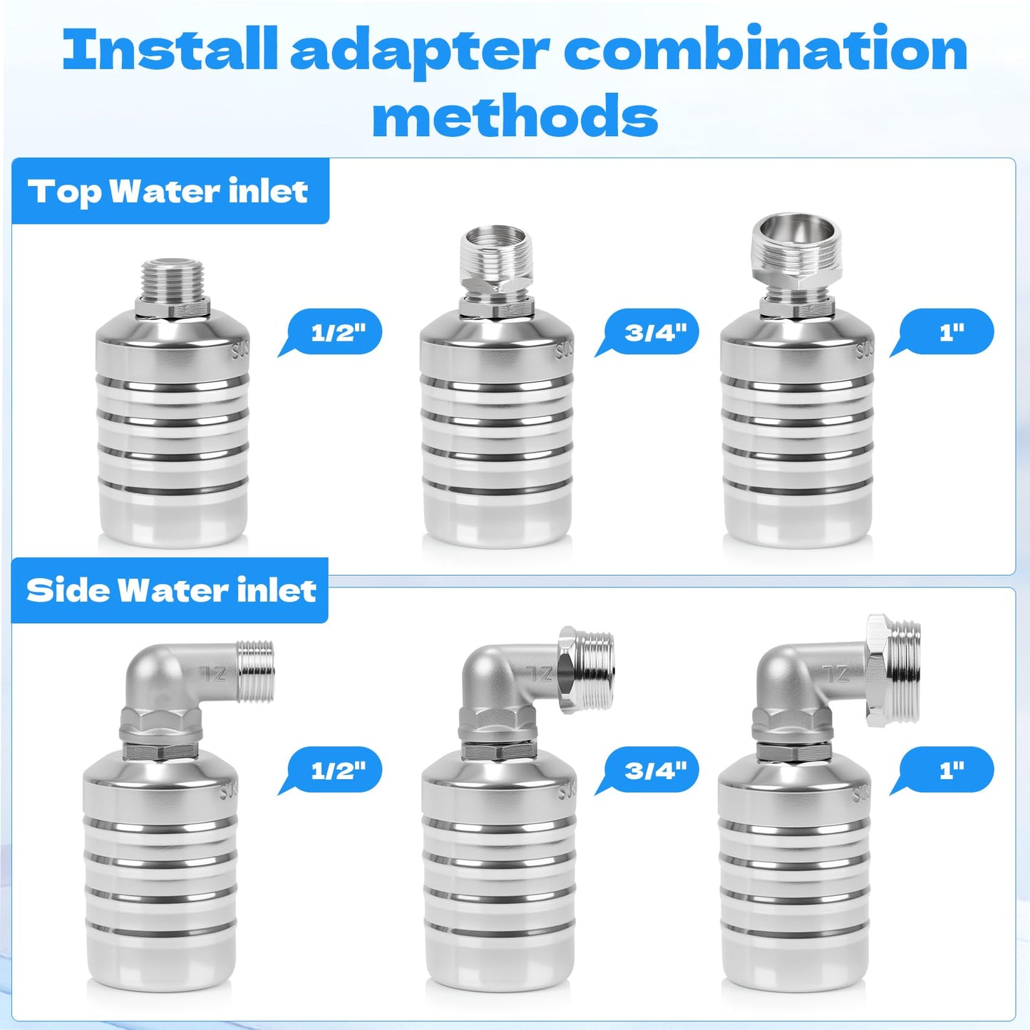 2 PCS Float Valve with 1/2", 3/4", 1" Adapters -304 Stainless Steel Water Float Valve Fully Automatic Water Level Control for Water Tanks, Aquariums, Livestock Troughs,Pools,Distillers & Ponds