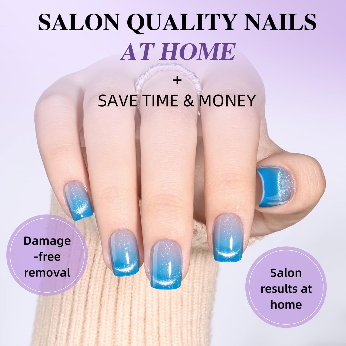 Blue Cat Eye Press On Nails - Short Square Ombre Press Ons for Women Fake Nails with Glue, Glossy Reusable Glue on Nail in 15 Sizes - 30pcs