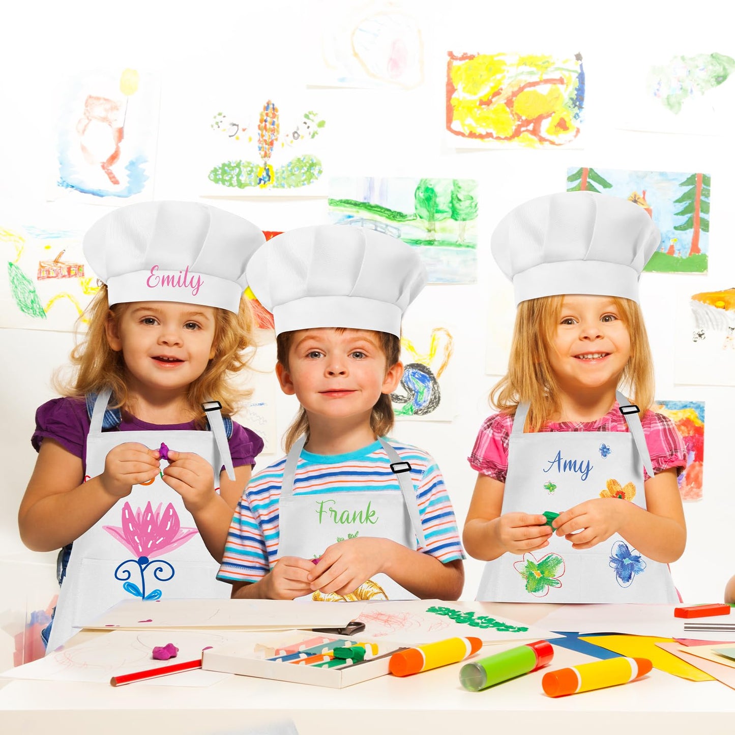 BOUBONI 12 Sets Kids Apron and Chef Hat Set Adjustable Toddler Apron with Colored Pen Template for Baking Painting Crafts