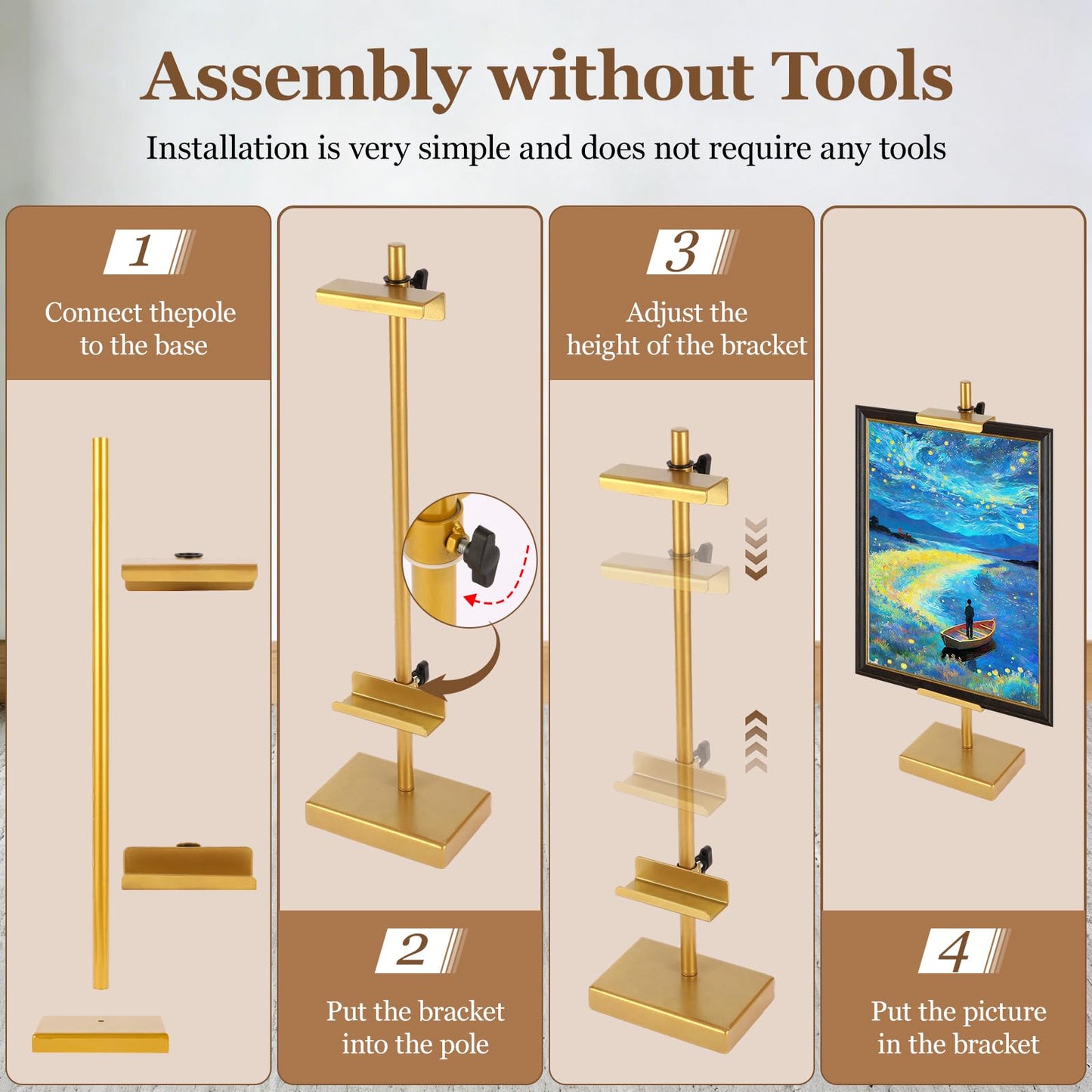 dakewang 1pcs Adjustable Tabletop Easel Stand for Picture Frames, Picture Easels for Display, Gold Easel, Picture Frame Stand, Adjustable Art Easel.(18inch,Gold)
