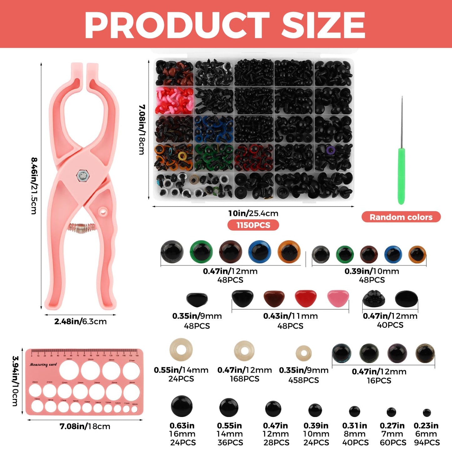Safety Eye Tool Set with 10–30mm Sizer, Ergonomic Non-Slip Handle, 1150pcs Safety Eyes and Noses Kit for Crochet Amigurumi Dolls and Stuffed Animals, Includes Measuring Ruler and Installing Tool