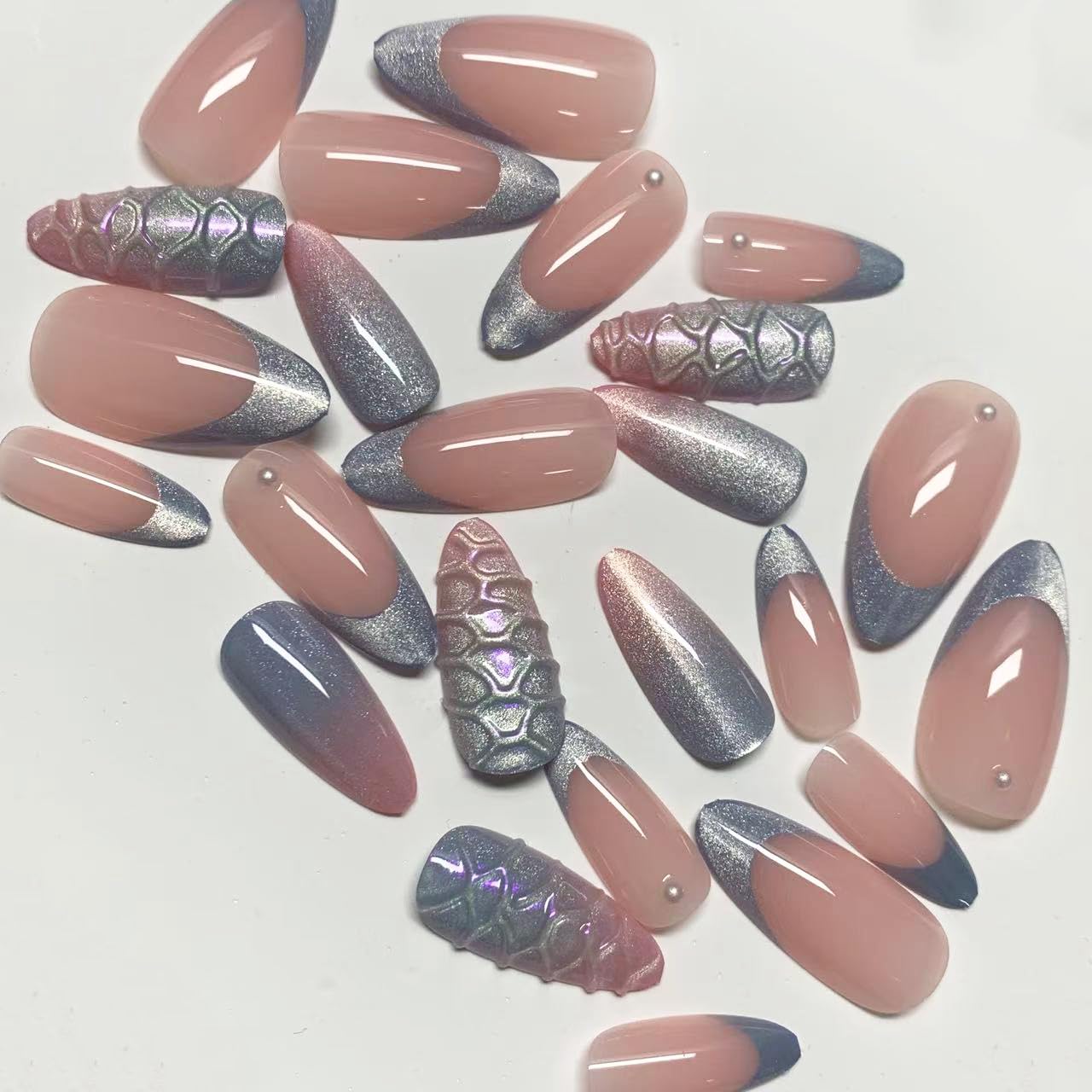 BABALAL Press On Nails, Medium Almond Fake Nails, Pink Blue Mermaid Shell Design Cat Eye, 3d Handmade Bling Acrylic, Glossy Full Cover Glue On Nails 24Pcs