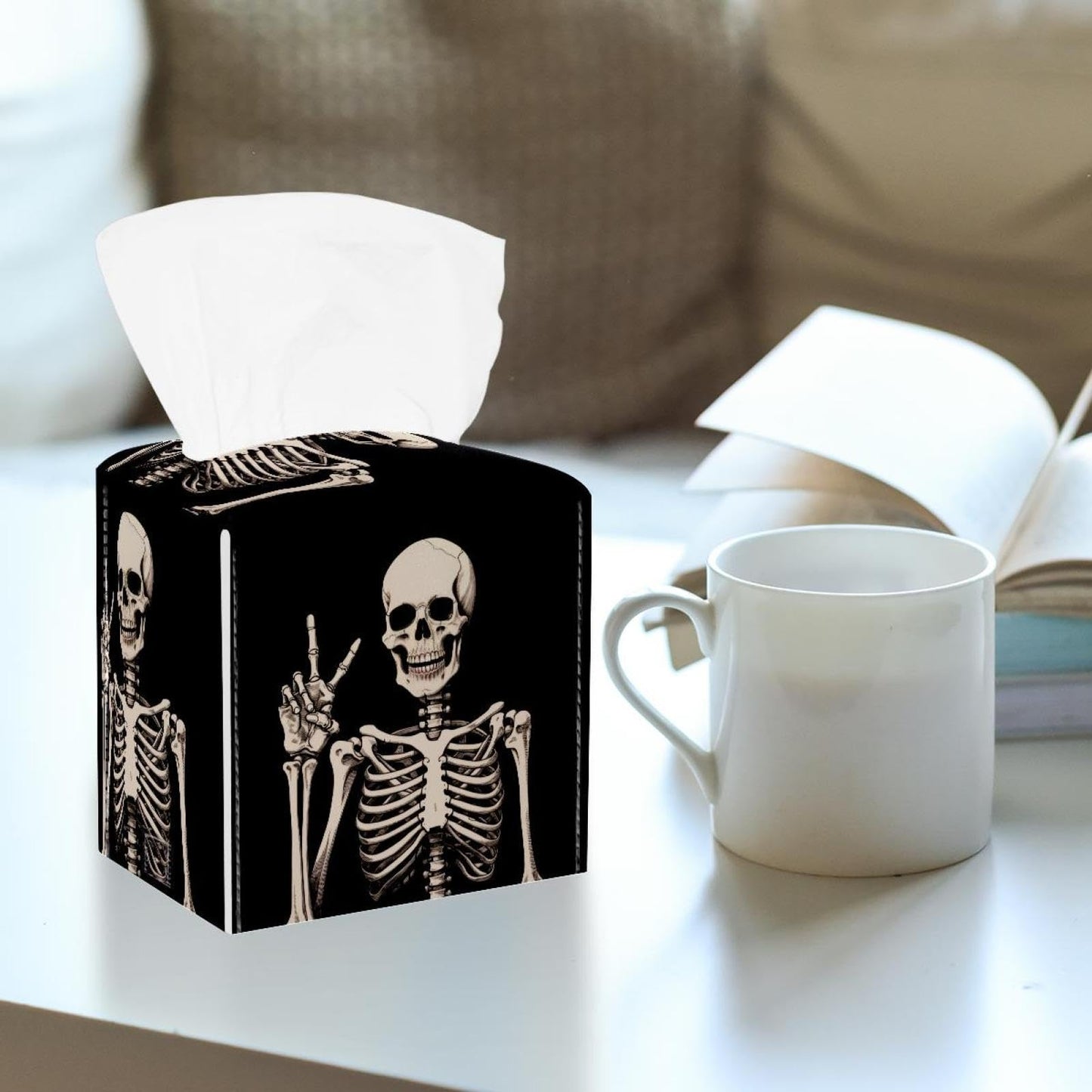 Human Skeleton Tissue Box Cover Square Tissue Box Holder Waterproof Leather Facial Paper Organizer Dispenser for Bathroom Home Car Nightstand Vanity Desk
