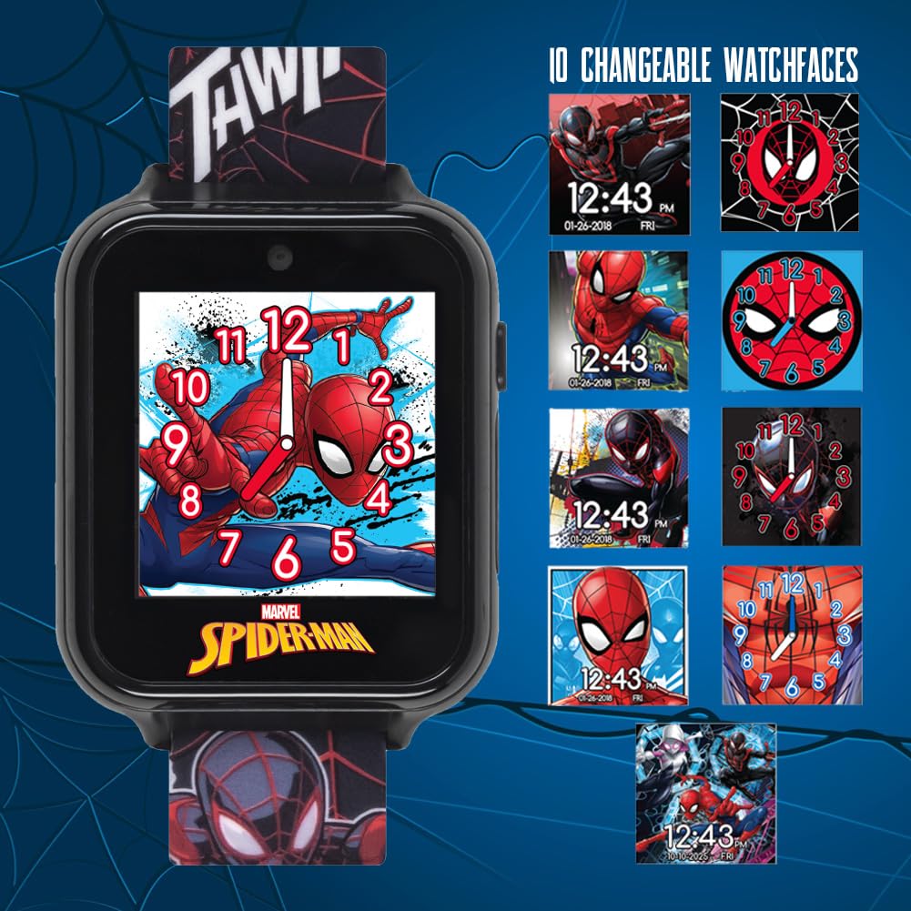 Marvel Spider-Man Kids Smart Watch – Touchscreen Interactive Watch with 10 Customizable Clock Faces, Built-in Camera, Video Recorder, Alarm, Calculator, Games & Pedometer – Fits Wrists 5.5" to 8"
