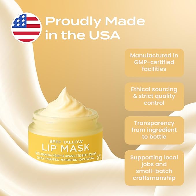 Body Restore Grass Fed Beef Tallow Lip Mask, with Manuka Honey – Christmas Stocking Stuffers, White Elephant, Hydrating Moisture, Travel Essentials, Self Care, Birthday Gifts for Women, Men – Vanilla