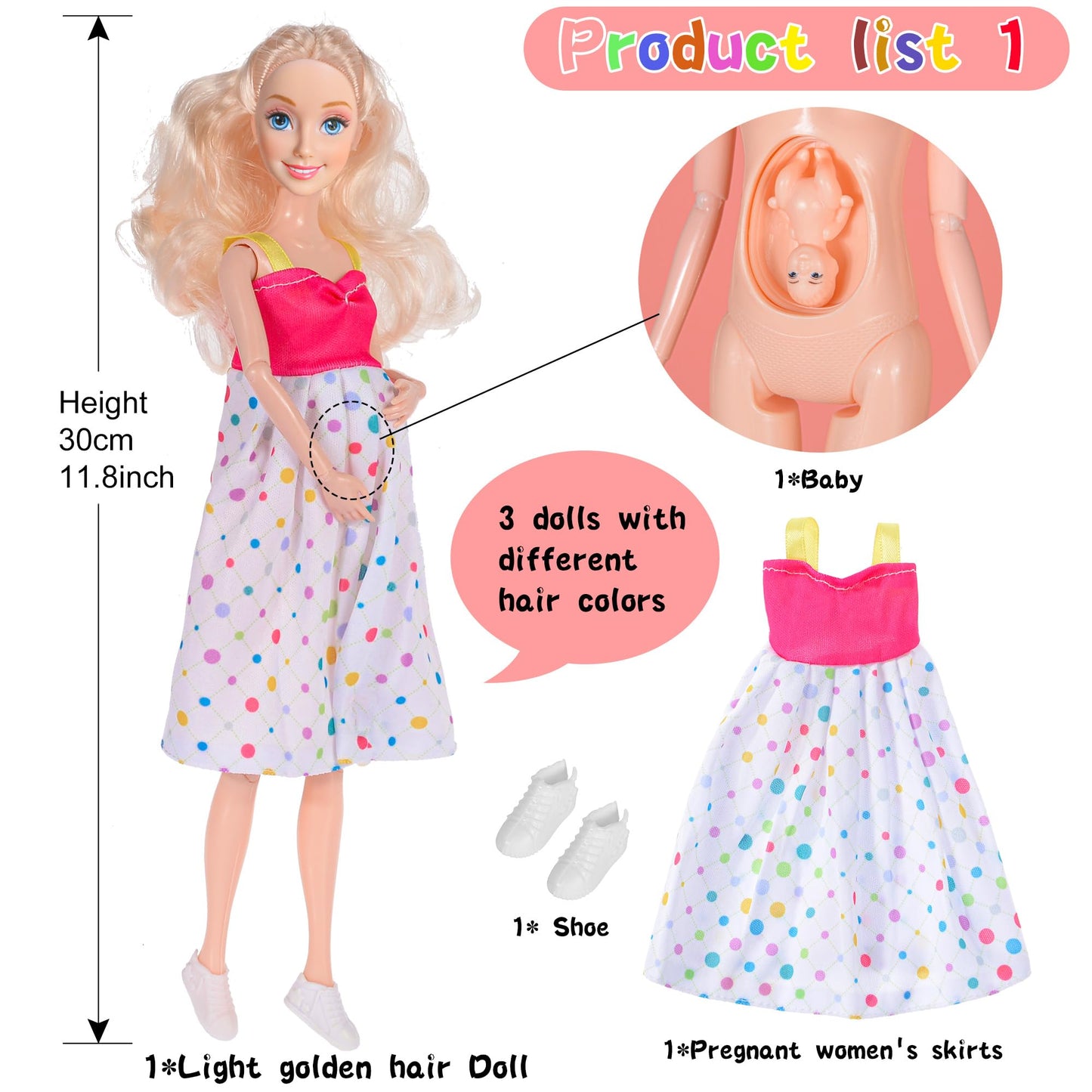 dollbie 3-Pack 11.5 inch Pregnant Dolls - Fashion Dolls with Interchangeable Pregnant and Normal Bellies - Includes 3 Dolls, 3 Dresses, 3 Babies