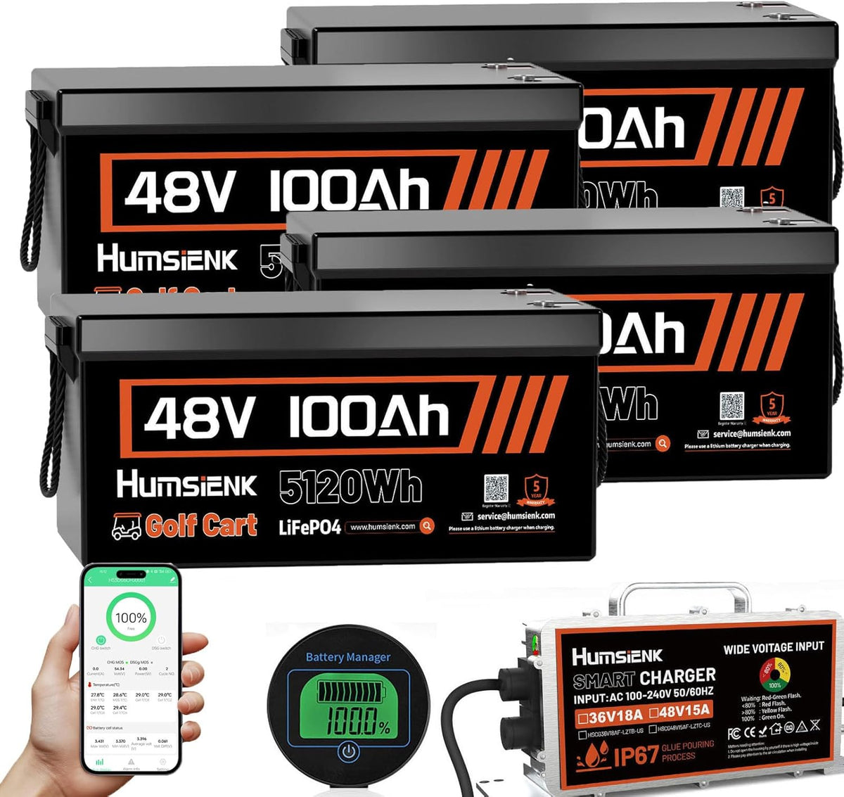 4PCS 48 Volt Lithium Battery for Golf Cart with 48V 15A Charger, 100A Lifepo4 Batterys Built-in Bluetooth 5.0 & 200A BMS, 15000+ Deep Cycle Lithium Battery, 42-58 Mile Ranges for Golf Cart
