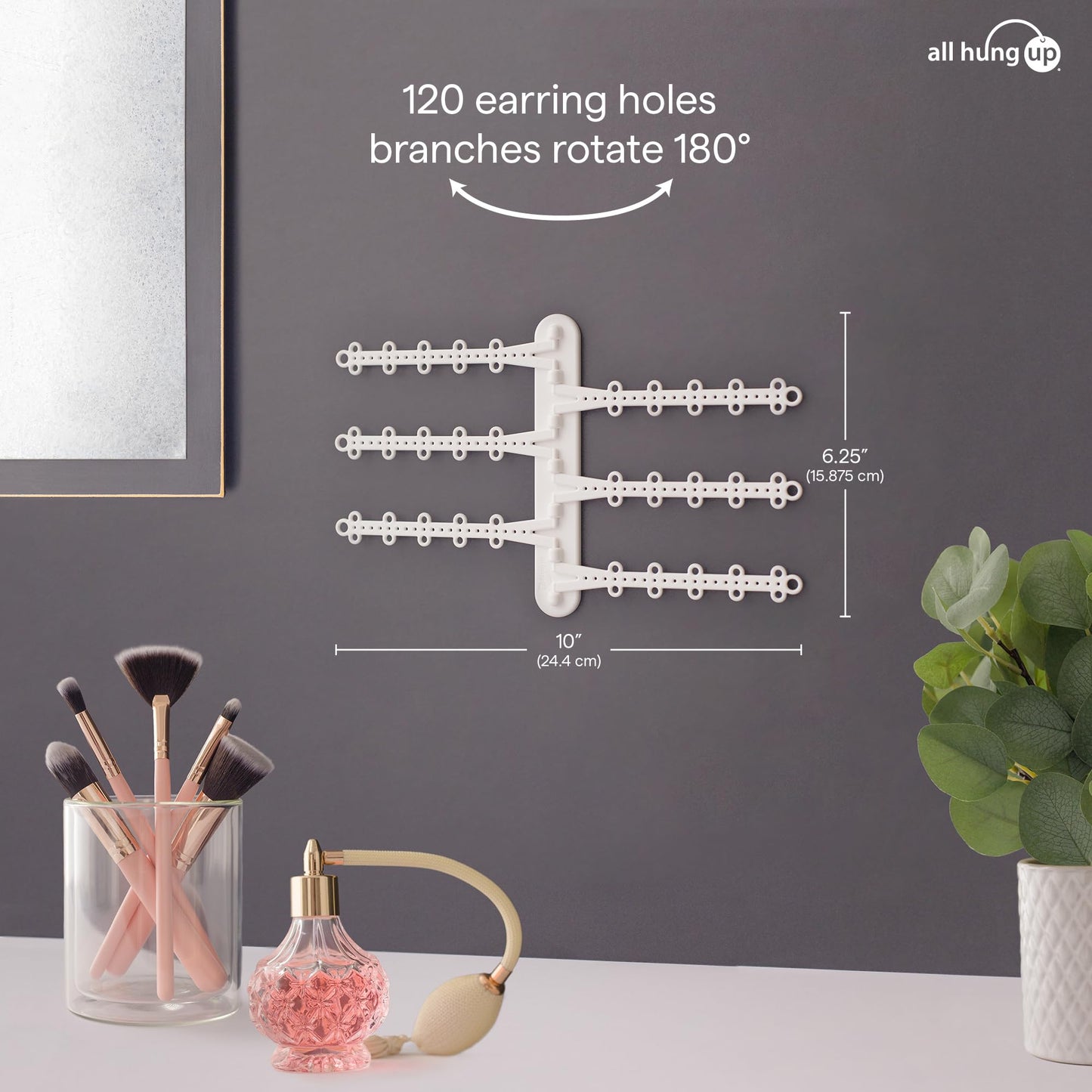 All Hung Up 6-Tier 6" Wall Jewelry Organizer, Command Strips included for Easy Hanging, 120 Hole Earring Organizer, Necklace Organizer, Bracelet Holder, Ring Holder, Rotating Branches (White 6-TIer)