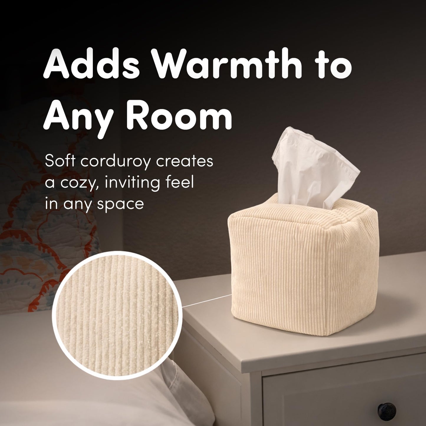 TOGI Corduroy Tissue Box Cover - Soft & Puffy Cube Design Adds a Warm, Cozy Touch - Soft Tissue Box Cover Square Fits Standard Square Boxes from Everyday Brands - Cozy Home & Office Decor (Cream)
