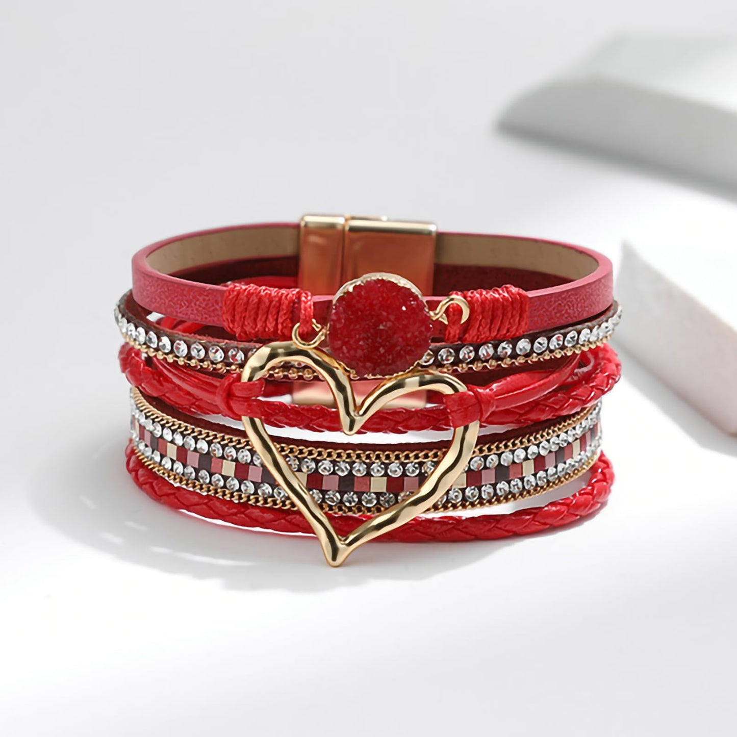 Leopard Bracelet for Women, Boho Leather Wrap Multi-Layer Pearl Crystal Bracelet Bangle Jewelry (Heart Leather(Red))