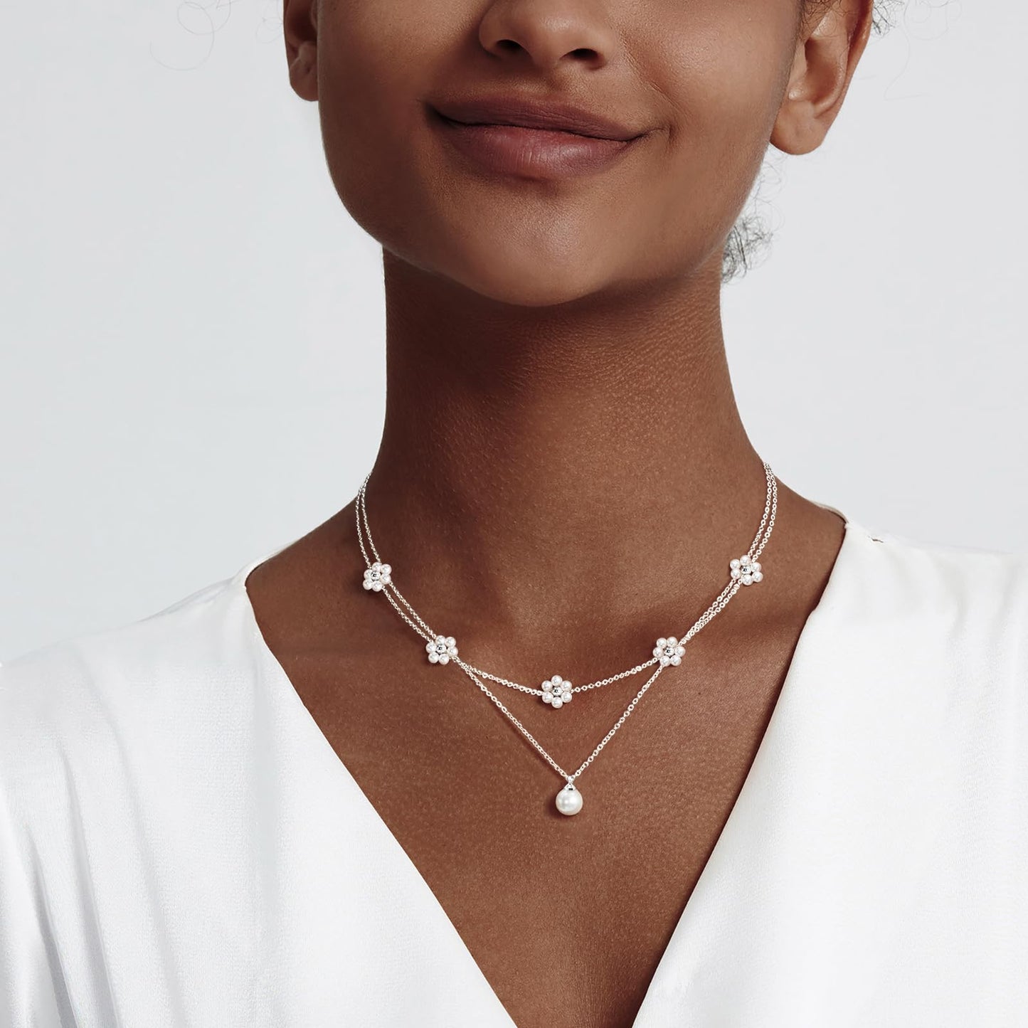 Zeffy Silver Daisy Flower Pearl Layered Necklace Cute Silver Necklace Stack Wedding Jewelry Sets for Women Bridesmaid Gifts 2PCS