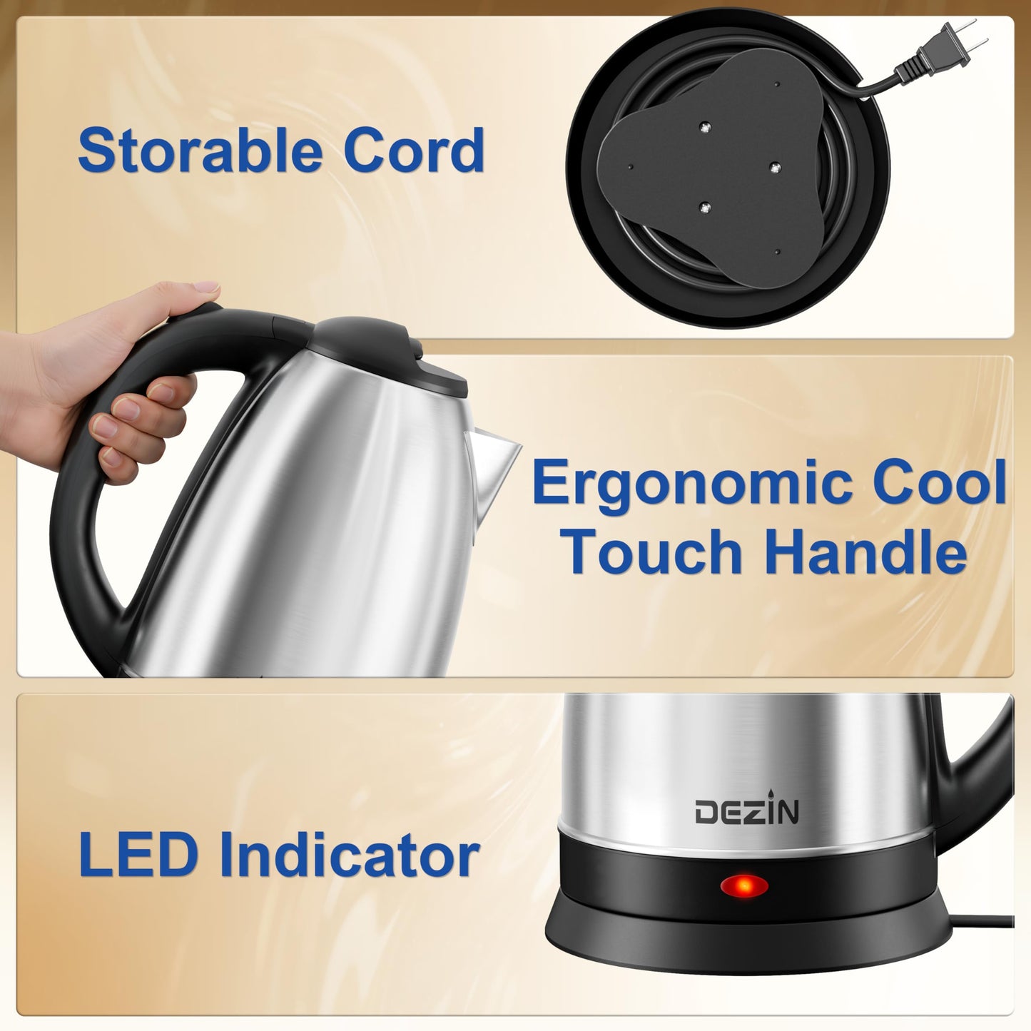 DEZIN Electric Kettle Upgraded, BPA Free 2L Stainless Steel Tea Kettle, Fast Boil Water Warmer with Auto Shut Off and Boil Dry Protection Tech for Coffee, Tea, Beverages