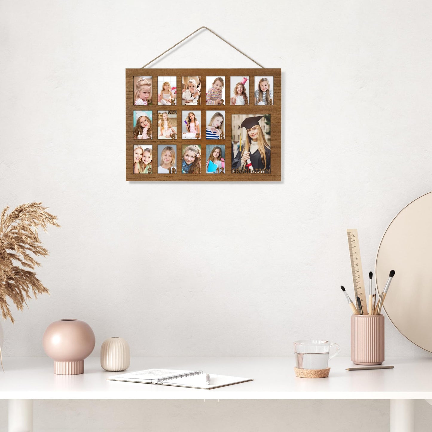 FramePro School Years Picture Frame Pre K to 12 Wooden Graduation Gift Collage Frame with Stand Easel, Displays One 4x6 and Twelve 2x3 Wallet Photos