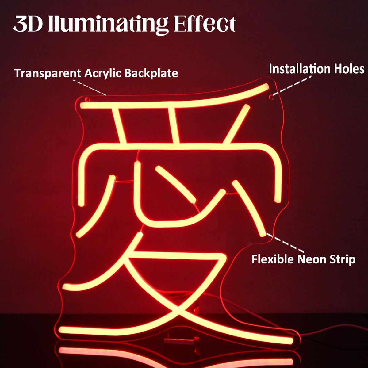 Japanese Love Neon Sign Red Love Kanji LED Neon Light Japan Symbol Neon Wall Sign Chinese Character LED Sign Words Neon Light Up Signs for Bedroom Bar Party Decor Valentine's Day Gifts