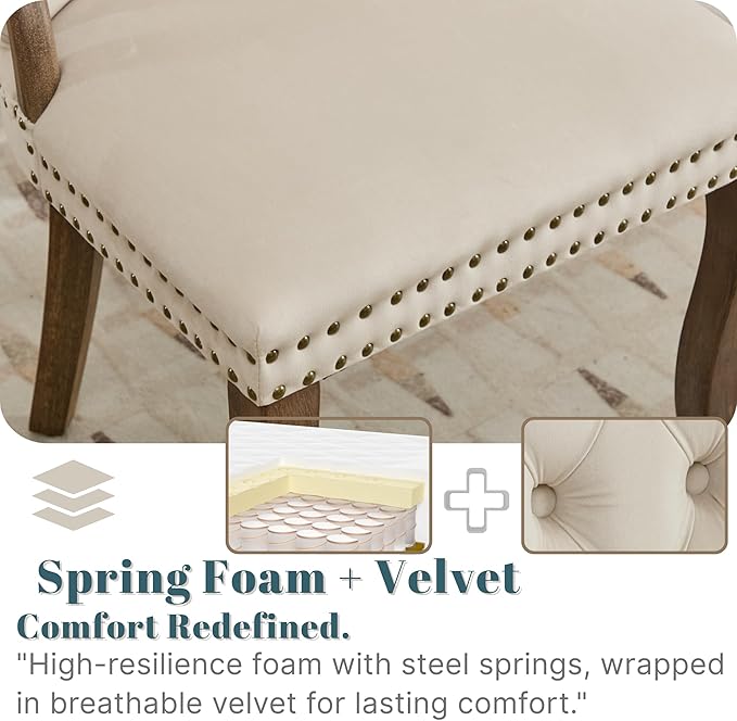 Velvet Dining Chairs Set of 2, Solid Wood Handles, Wooden Upholstered Dining Chair, Vintage Copper Nail Decoration, Mid Century Modern Kitchen Chair (Beige, Set of 2)