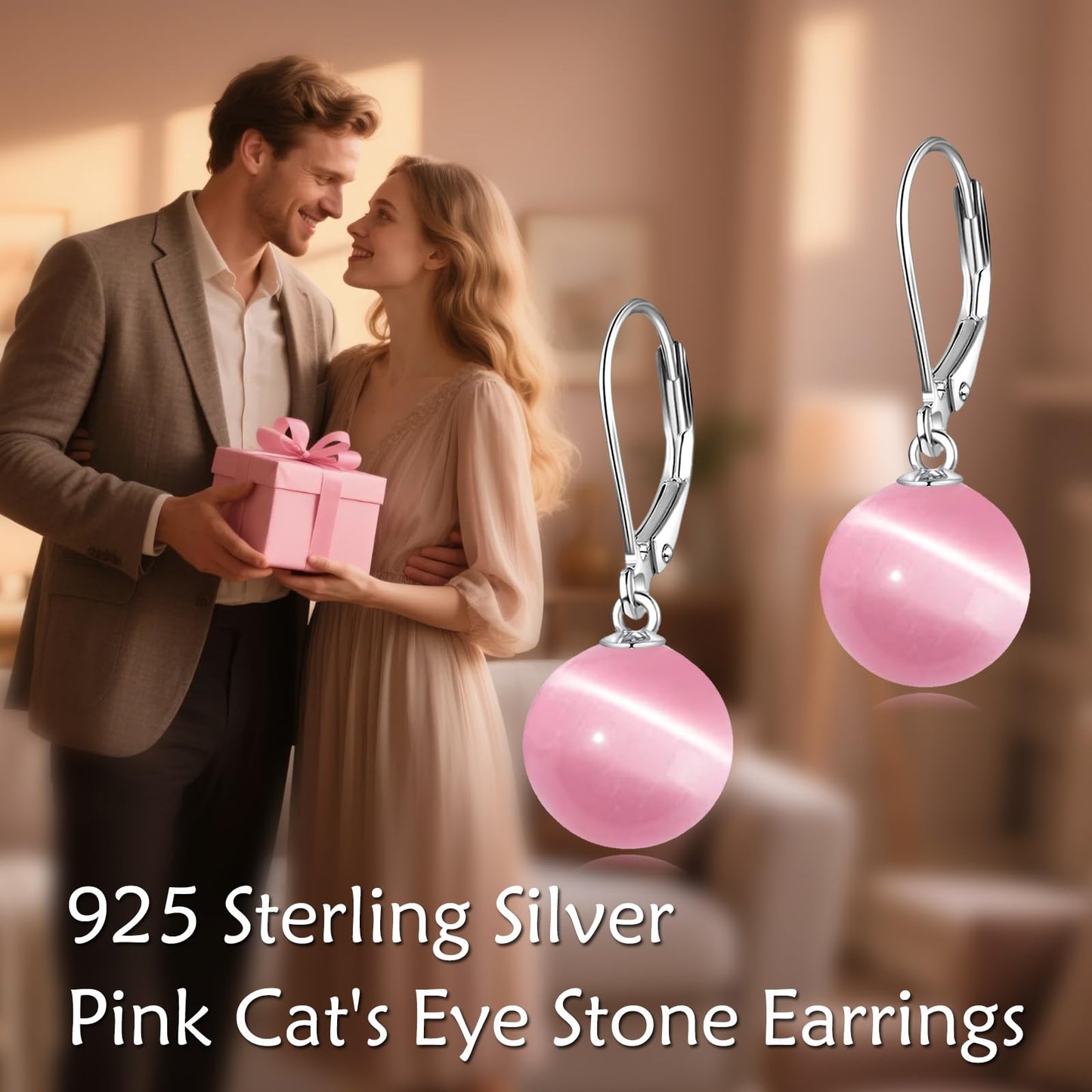 925 Sterling Silver Pink Cat's Eye Leverback Earrings Dangle Drop Jewelry Gifts for Women (Pink Cat's Eye)