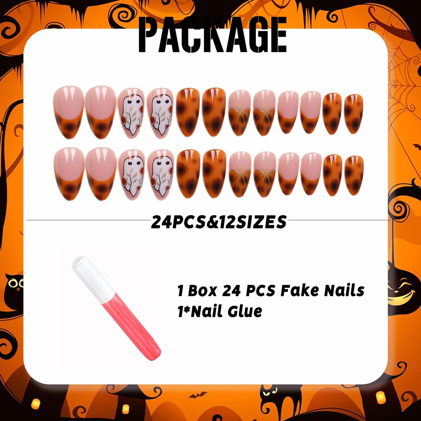 IMSOHOT Halloween Press on Nails - Medium Almond Handmade Fake Nails, Brown Amber Pumpkin French Nail Tips, Cute Ghost Designs, Full Cover Acrylic Glossy Fall False Nails 24Pcs