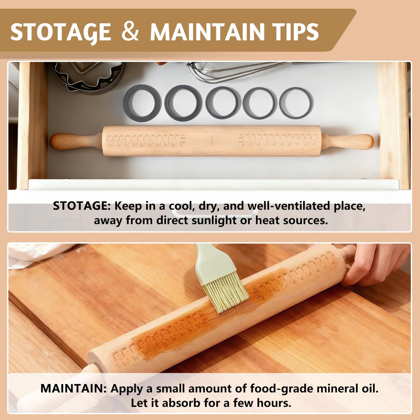 Long Adjustable Wood Rolling Pin: 21.1 Inch Rolling Pin with Thickness Rings and Measurement - Wooden Dough Roller for Baking Pastry Pizza Pie Crust Tortillas Cookie Bread - Bakers Baking Lovers