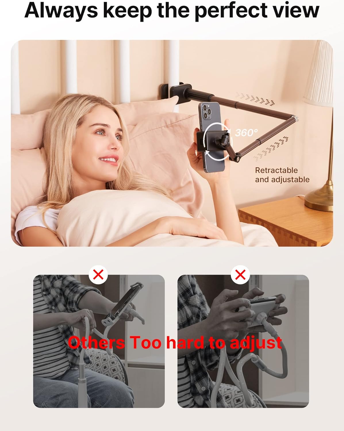 JSAUX Phone Holder for Desk and Bed Compatible with iPhone 16 15 14 13 12 Overhead Phone Mount Gooseneck Phone Stand Flexible 360 Lazy Long Arm Clamp Clip for Table Bedside [1-Pack, Black]