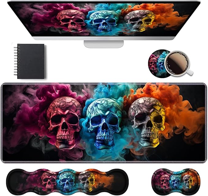 Ergonomic Keyboard Wrist Rest & Mouse Pad Wrist Rest Set, Large XXL Gaming Desk Mat 31.5"x 11.8" with Memory Foam, Easy Typing Pain Relief for Office & Home, Colored Skull