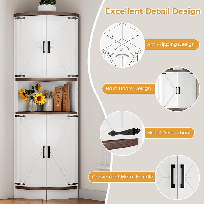 64.8" Farmhouse Corner Cabinet, Dining Room Tall Corner Cabinet with 4 Barn Doors and 5 Storage Shelves, Bar Storage Cabinets for Kitchen, Living Rooms, Laundry Room White