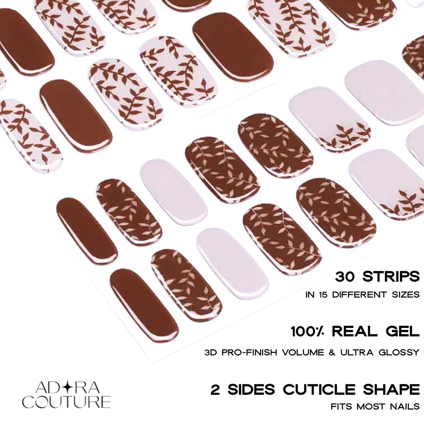 Adora Couture Semi Cured Gel Nail Strips with 30 Pieces - Salon Quality Manicure Kit for Women Easy Application Wraps Includes Prep Pads Nail File Wooden Stick, UV Light Required (Brown Mocha)