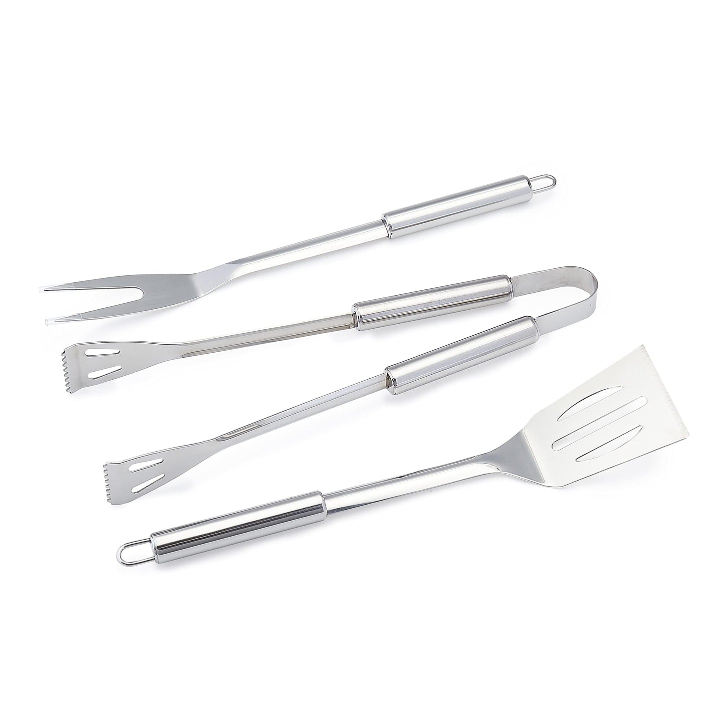 Amazon Basics 4-Piece Stainless Steel BBQ Grilling Tool Set with Carry Bag, Rust-Resistant, Dishwasher Safe