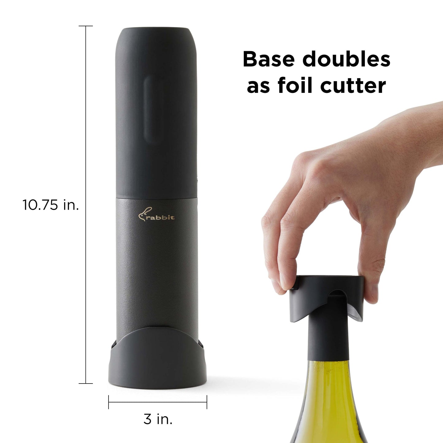Rabbit Electric Corkscrew Wine Opener - Push Button Automatic Bottle Opener, Compact Design, Opens Bottles Quietly, Stores Vertically or Horizontally, Black