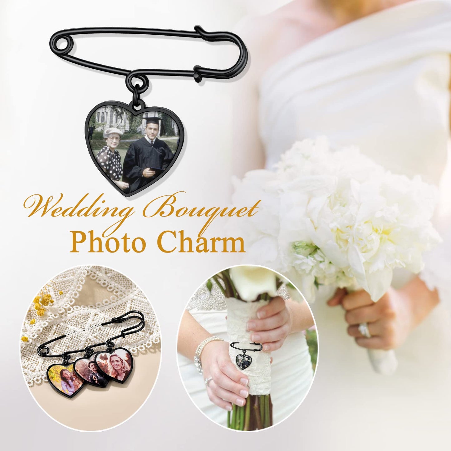 Custom4U Custom Bouquet Charms for Wedding Memory Heart Brooch Pins Photo Charm for Women Men