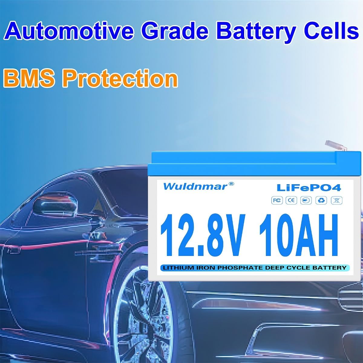 12V 10Ah LiFePO4 Battery, Lithium Battery with BMS, 3000+ Cycles, 128WH Deep Cycle Battery for Marine Battery, Car, RV, Golf Cart, Solar, Trolling Motor, Replace AGM/SLA