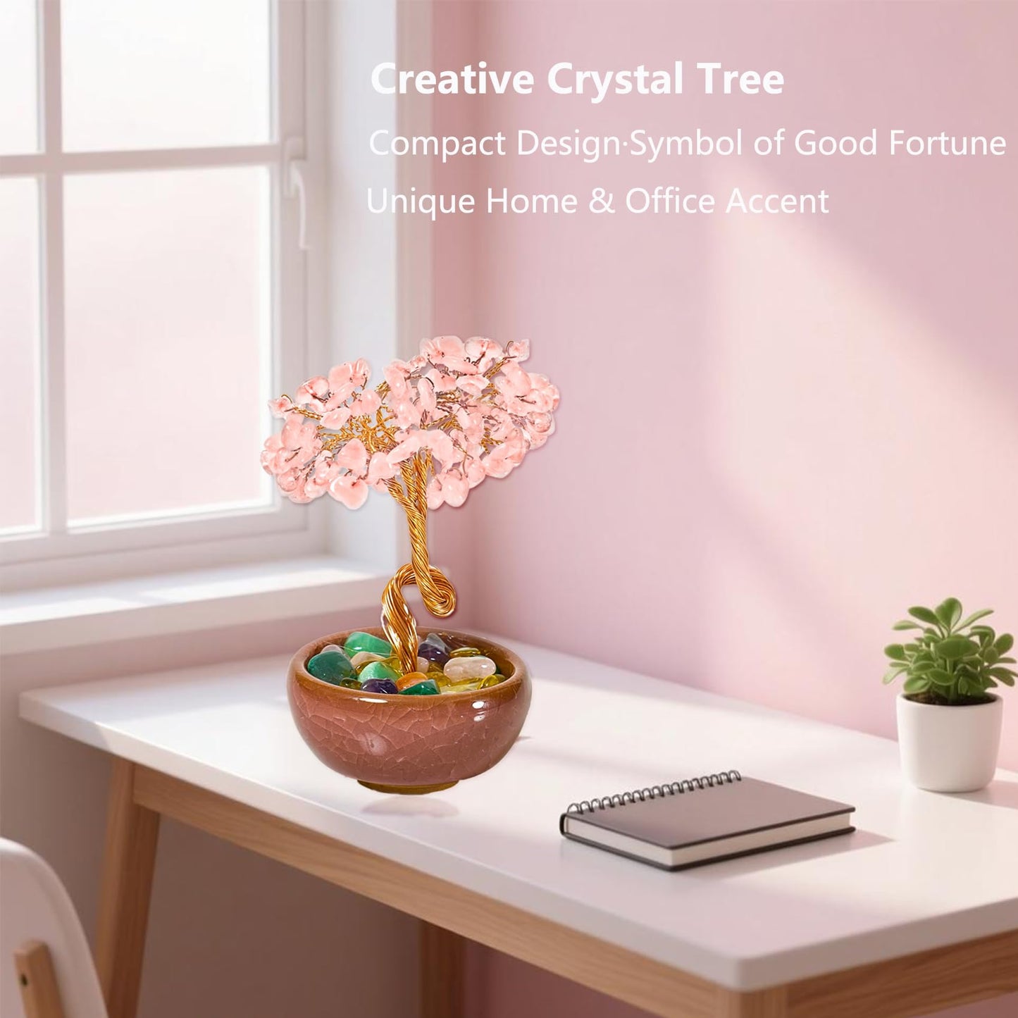 Rose Quartz Crystal Tree,Handmade Love Tree for Romance, Emotional Healing Feng Shui Crystal Tree with Copper Wire and Ceramic Base, Office Desk Decor, Birthday Gift for Women